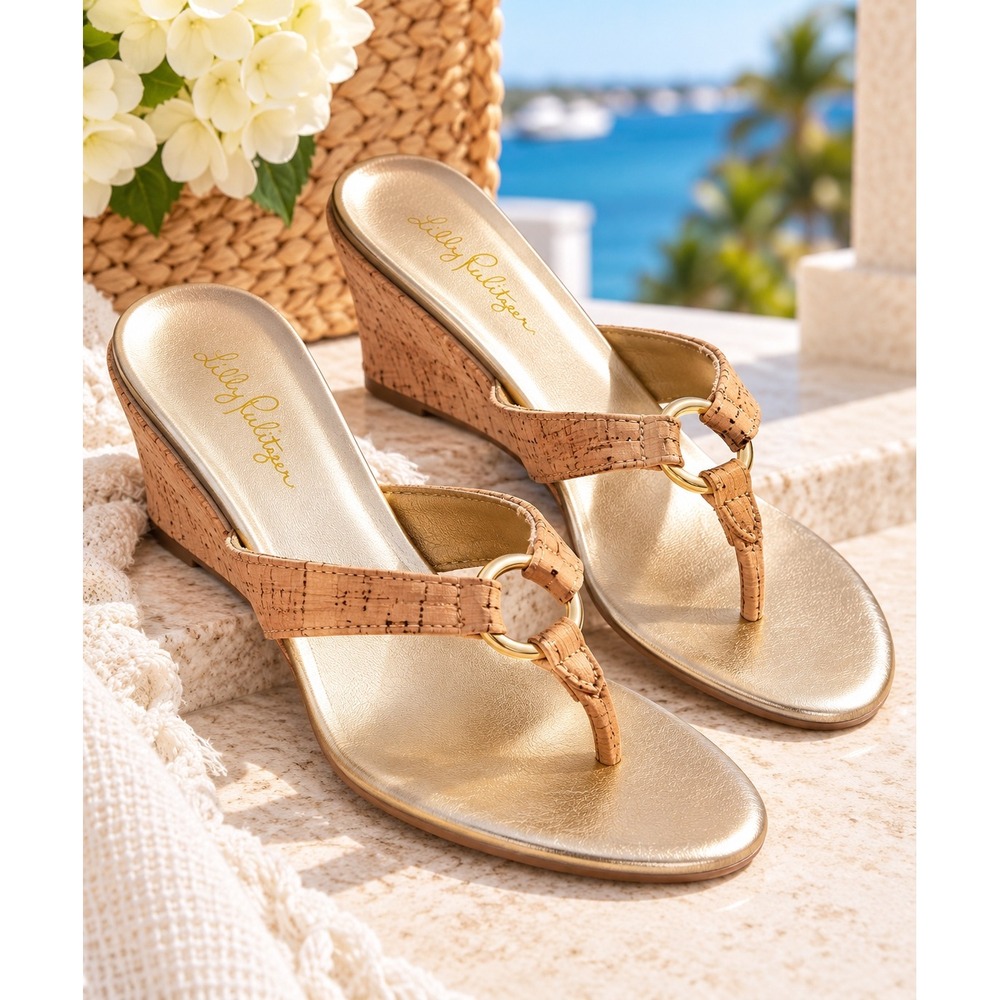 Lilly Pulitzer McKim Kitten Heel WEDGE Natural Cork Straps w/Gold Emblem Sandals